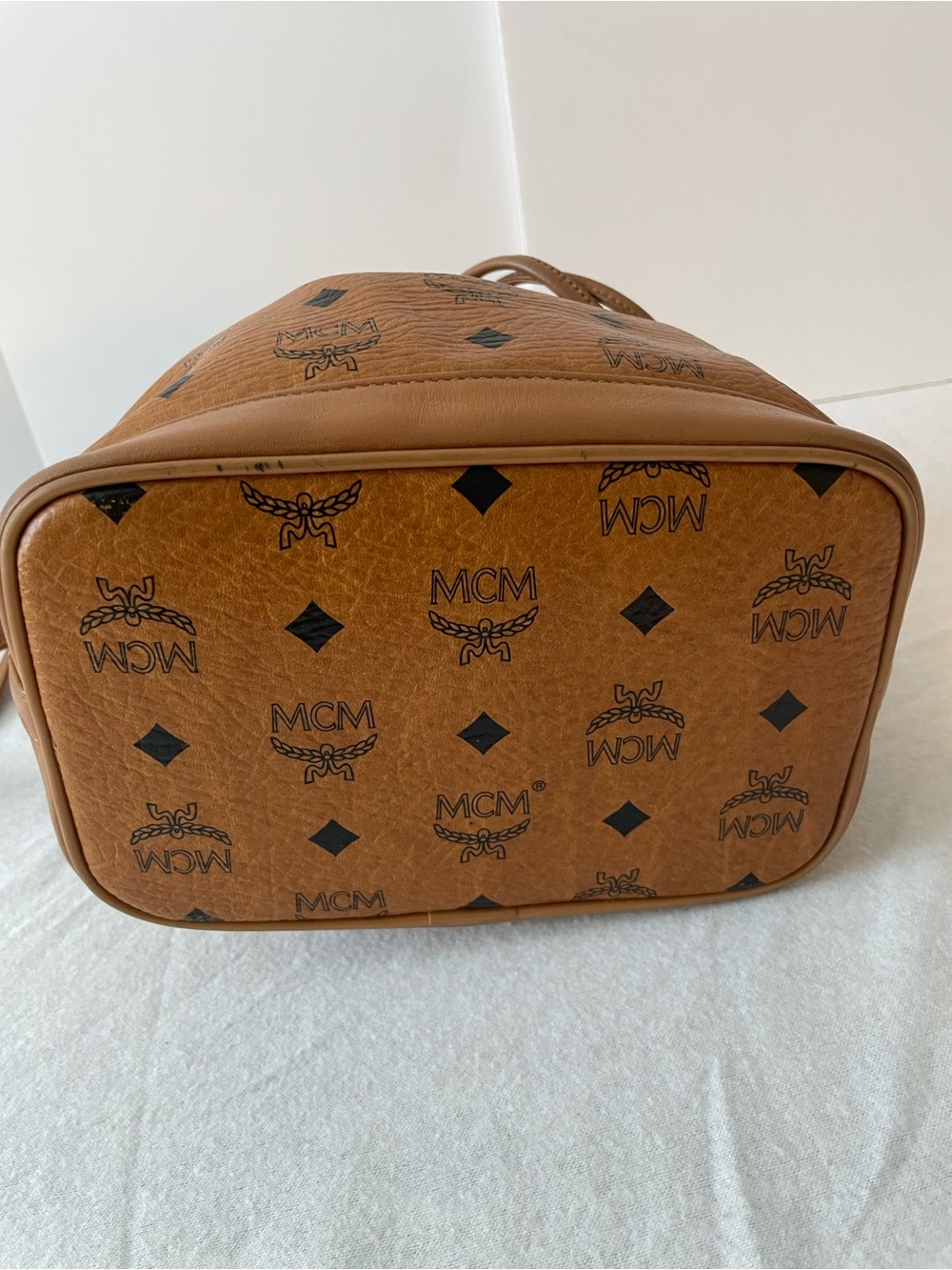 MCM Brown Logo Print Drawstring Bucket Bag w/ Detachable Strap Gold Hardware - Picture 12 of 15